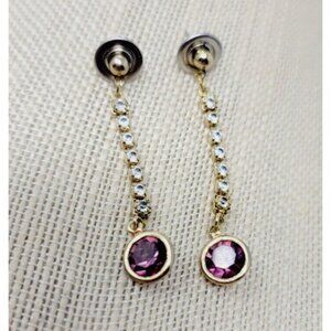 Vintage Rhinestone Amethyst Bezel Set Faceted Glass Dangle Earrings Pierced